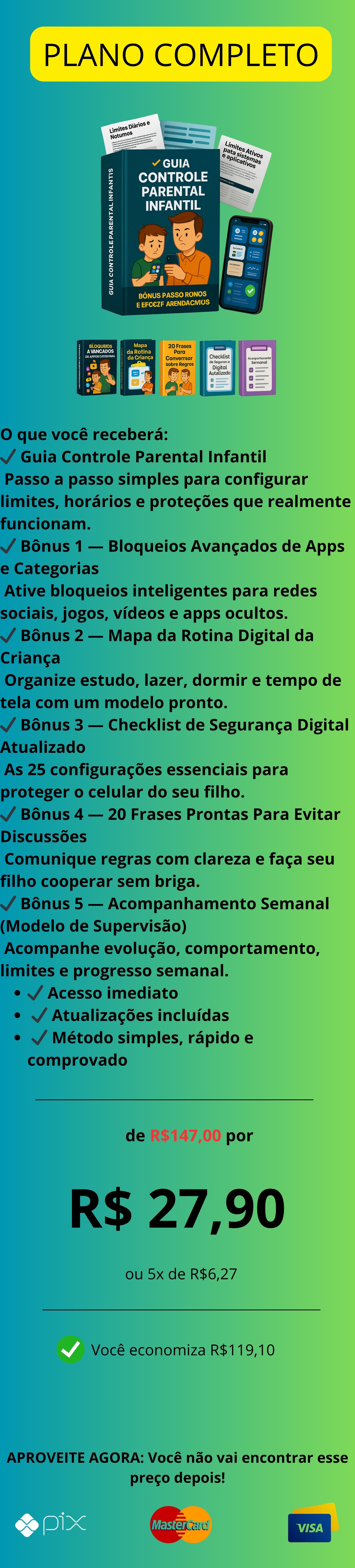 Plano Completo - Guia + 5 Bônus - R$ 27,90 ou 5x de R$ 6,27